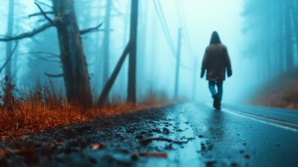 A lone figure walks along a wet road in a foggy forest, evoking feelings of mystery, isolation, and contemplative solitude as the ethereal atmosphere enhances the scene's mood.