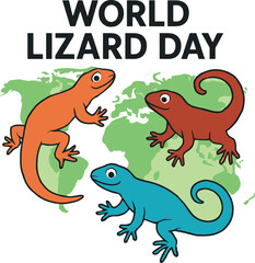 World Lizard Day Cartoon Illustration with Vibrant Stylized Lizards and Global Map Background