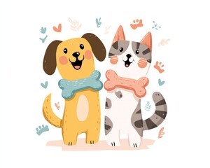 illustrated playful dog and cat with wishbone toys, Wishbones for Pets concept, flat vector illustration, cheerful pastel colors, isolated on white background