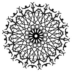 Abstract art, screen printed lines, tile work or tattoos, black and white with a beautiful circular pattern of flower petals.