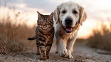 A friendly golden retriever and a playful tabby cat stroll side by side, enjoying the serenity of nature at sunset, showcasing their unique bond and companionship.