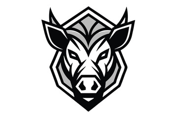 Fierce hog mascot with shield accent in black, gray, and white looks determined