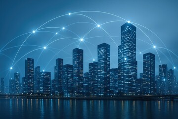 Futuristic Cityscape at Night with Communication Network, Representing Connectivity and Modern Urban Infrastructure