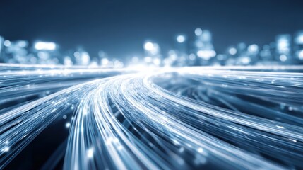 Abstract Blue Light Streaks with Cityscape Background, Representing High-Speed Data Transfer and Modern Technology