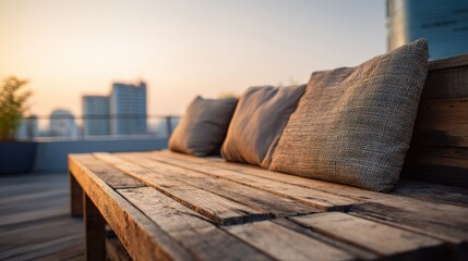 Obraz premium Serene Rooftop Retreat: Wooden Bench with Cushions at Sunset Offering a City View