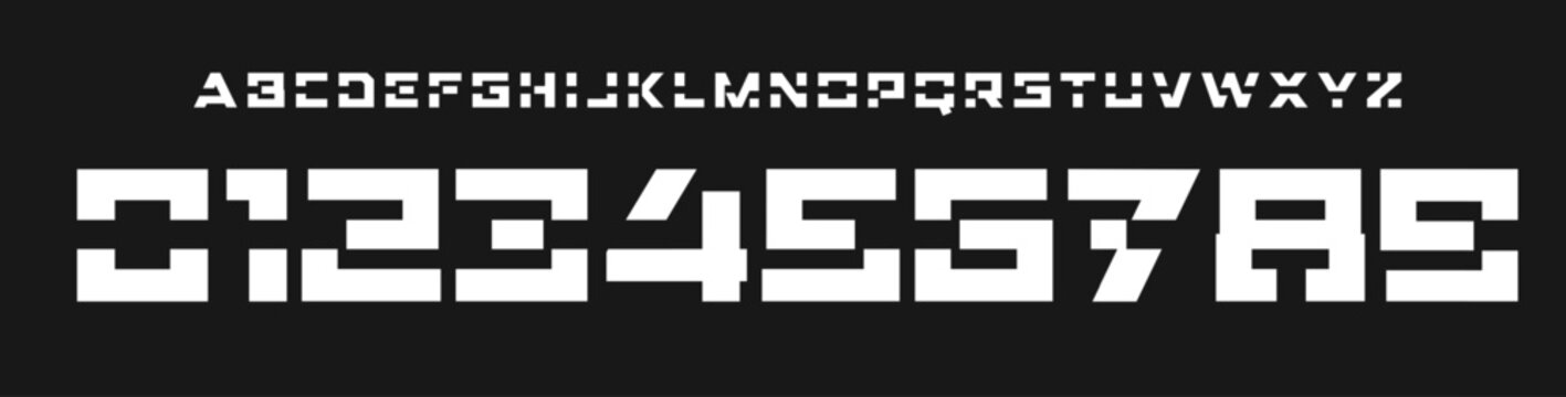 Futuristic geometric font, squared cutout alphabet, bold cut techno typeface, sci-fi logo numbers, cyber UI style numeric, digital HUD visuals, robotic interface typographic design. Vector typeset