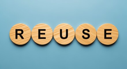 Concept of Reuse, with Wooden Round Pieces Showing the Word Reuse Against Blue Background