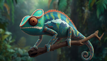 Obraz premium Chameleon perched on branch, displays a striking array of colors, including vivid blues, greens, and oranges, with intricate patterns covering its textured skin.