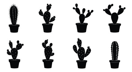 Collection of Cactus Silhouettes in Pots on a White Background