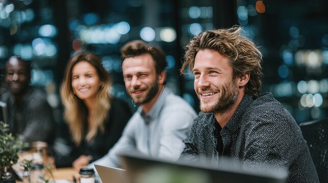 Happy Team in Modern Office at Night