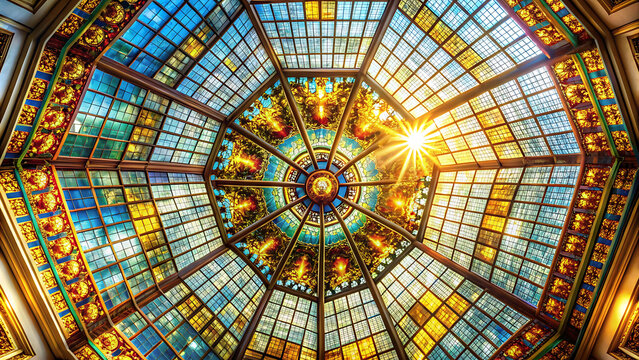 Stained glass ceiling exploding with vibrant sunlight beams