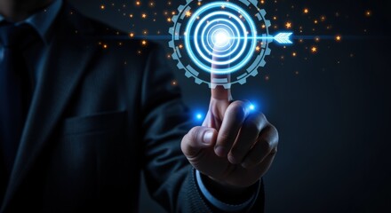Business Man Pointing at Digital Target for Data Analysis and Futuristic Technology