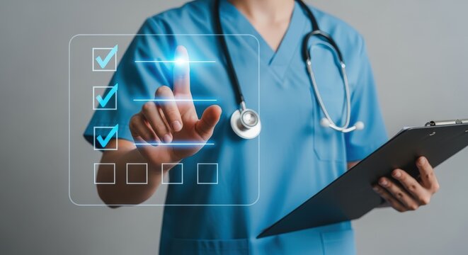 Healthcare Professional Interacting with Digital Checklist Interface, Holding Medical Chart and Wearing Stethoscope