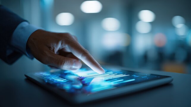 Businessman Interacting with a Digital Tablet Displaying Data Analytics and Financial Charts in a Modern Office