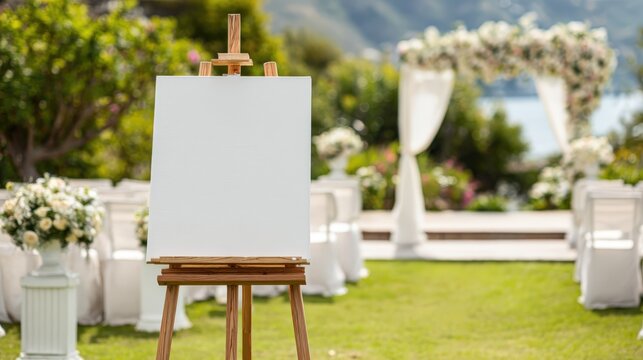 Elegant Wedding Ceremony Setup with Blank Canvas on Easel for Personalized Signage and Decor