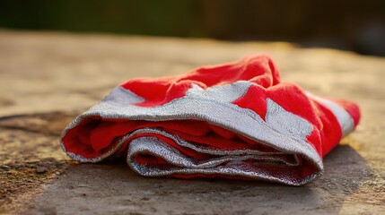 A folded red emergency blanket with silver lining, illuminated by amber sunset light on weathered concrete.
