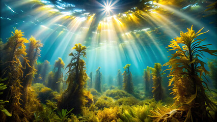 Underwater sunlight rays filtering through dense sea water