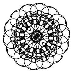 Abstract art black and white lines, circles with radial rays that spread like flower petals for screen printing on tiles or for use as a tattoo. Transparent background.