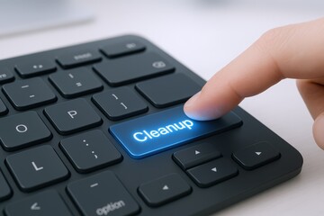 Finger pressing cleanup button on black keyboard, concept of system maintenance and optimization for device.