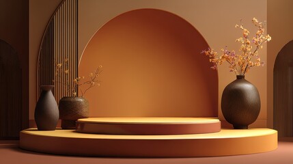 Beautiful photo of 3d background Chinese style podium in warm amber and dark brown shades with smooth light shadow for product and branding presentation. 3d rendering.