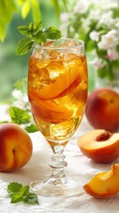 Fototapeta premium A glass of peach iced tea with mint garnish and peach slices on a white table with peaches around it