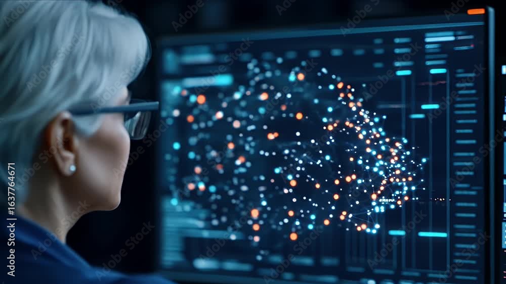 Poster analyst reviews data network map on screen in dark office