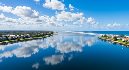 A breathtaking scenery of the Sunshine Coast, Australia, with reflections of clouds in the water