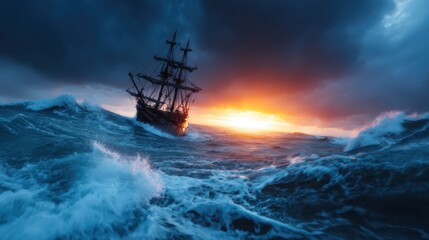 Fototapeta premium A majestic ship navigates turbulent seas as a dramatic sunset bathes the scene in vibrant colors, showcasing the battle between nature and human strength.