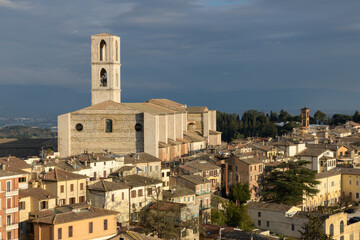 Panoramic view of San Domenico Basilica in Perugia, Italy, with its unfinished bell tower...