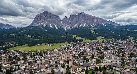 Scenic view of an aerial view of the beautiful alpine town cortina d'ampezzo surrounded by the dolomite mountains and cloudy sky in italy