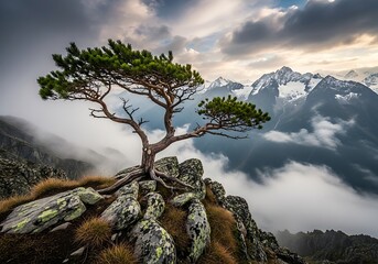 Obraz premium Solitary Tree on Rocky Peak Overlooking Mountain Range and Clouds