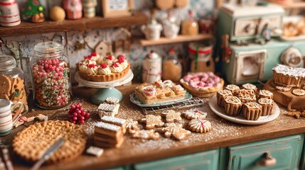A cozy and inviting display of freshly baked holiday desserts including a variety of cakes pies tarts and other sweet treats showcased on rustic wooden shelves and in vintage glass containers