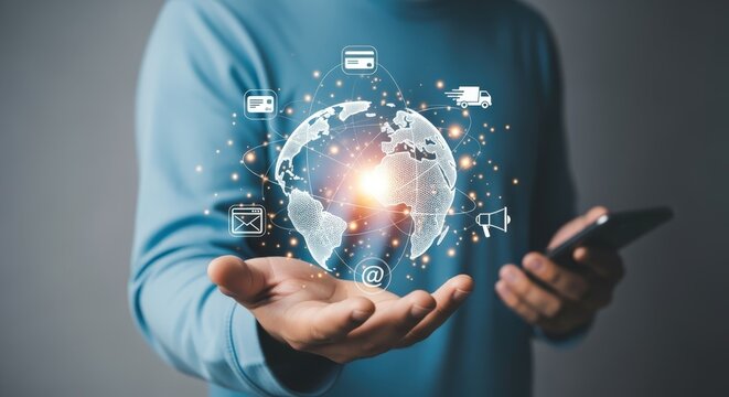 Global Digitalization Concept: Man Holding a Futuristic Globe with Network Connections and Online Business Icons