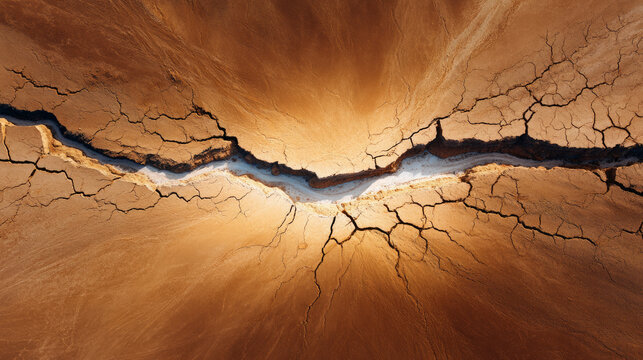 Aerial view of a cracked desert landscape under scorching sun. Water crisis and water shortage in summer during long drought is a global problem of drought on the planet.