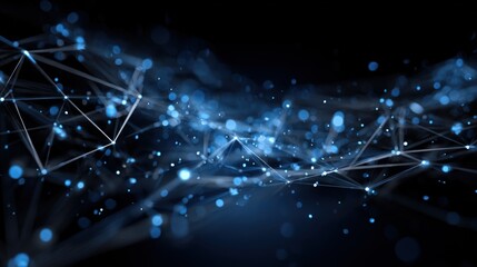 Abstract Network Connection Structure with Blue Dots, Lines, and Particles on Black Background