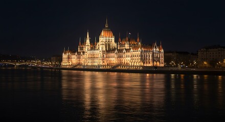 Obraz premium Night view of the illuminated Hungarian Parliament Building reflecting in the Danube River, Budapest, Hungary.