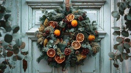 A cozy handmade winter wreath adorned with evergreen foliage dried citrus slices pine cones and other botanical elements creating a warm and welcoming entrance for the holiday season