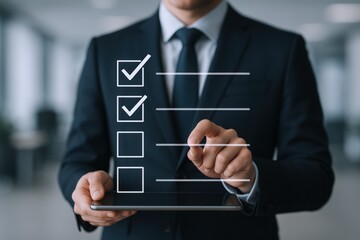 Business Professional Reviewing Digital Checklist on Tablet: Task Management and Workflow Efficiency Concept