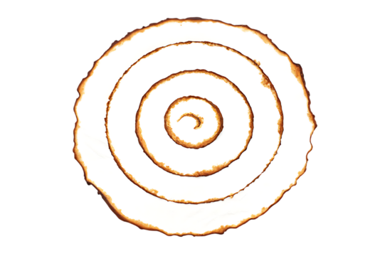 Burnt paper spiral design, artistic concept with textured edges and details on transparent background