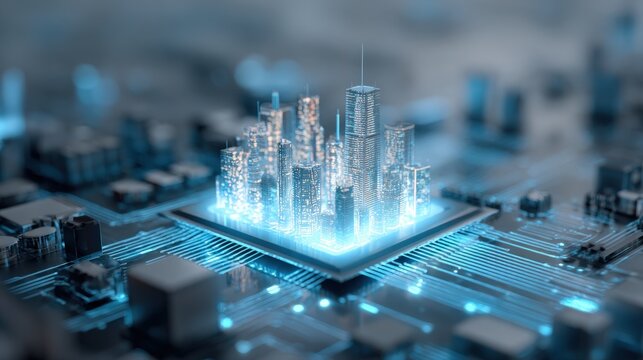 Futuristic Cityscape Integrated on Microchip: Advanced Technology and Digital Innovation Concept