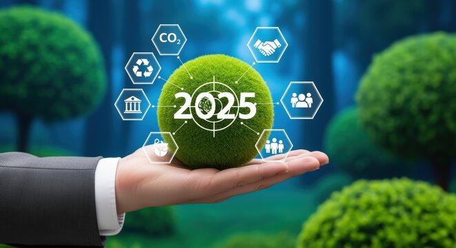Sustainability Goal 2025: Man Holding a Green Globe with Ecology Icons for Environmental Solutions