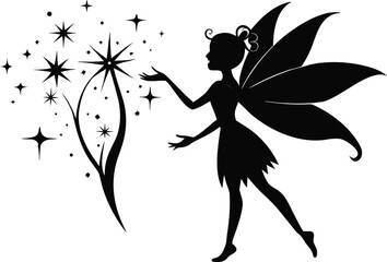 This collection of black and white images depicts illustrations of fairies, often shown with wings and in whimsical poses