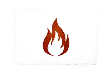 Burning flame symbol on textured paper, evoking passion and energy on transparent background