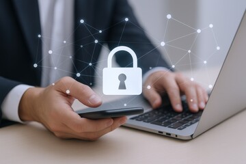 Data Security Concept: Man Uses Laptop and Smartphone with Lock Icon Overlay for Cybersecurity