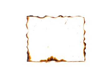 Vintage burnt paper edge texture with glowing flame effect on transparent background