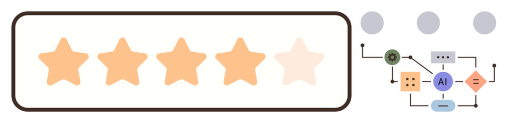 Five-star rating bar with four stars filled. AI workflow diagram represents automated feedback analysis. Ideal for customer satisfaction, user feedback, evaluation, AI tools, productivity, service