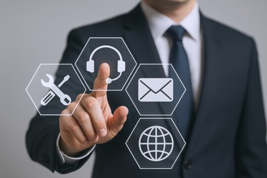 Businessman touching virtual interface with customer service and global communication icons, illustrating modern business solutions