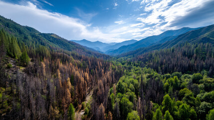 Fototapeta premium Aerial panorama of dying forest due to drought. Water crisis and water shortage in summer during long drought is a global problem of drought on the planet.