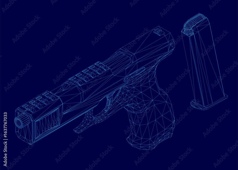 Poster a 3d wireframe model of a handgun with realistic detailing stands out against a solid blue backgroun