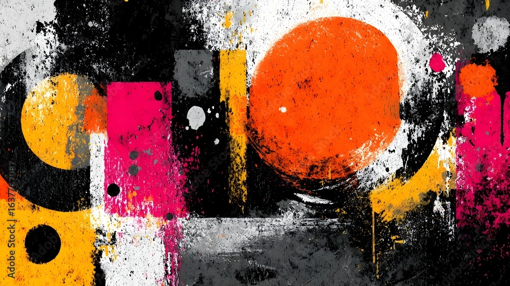 Poster a dynamic expressionistic abstract art composition featuring bold vibrant colors geometric shapes an